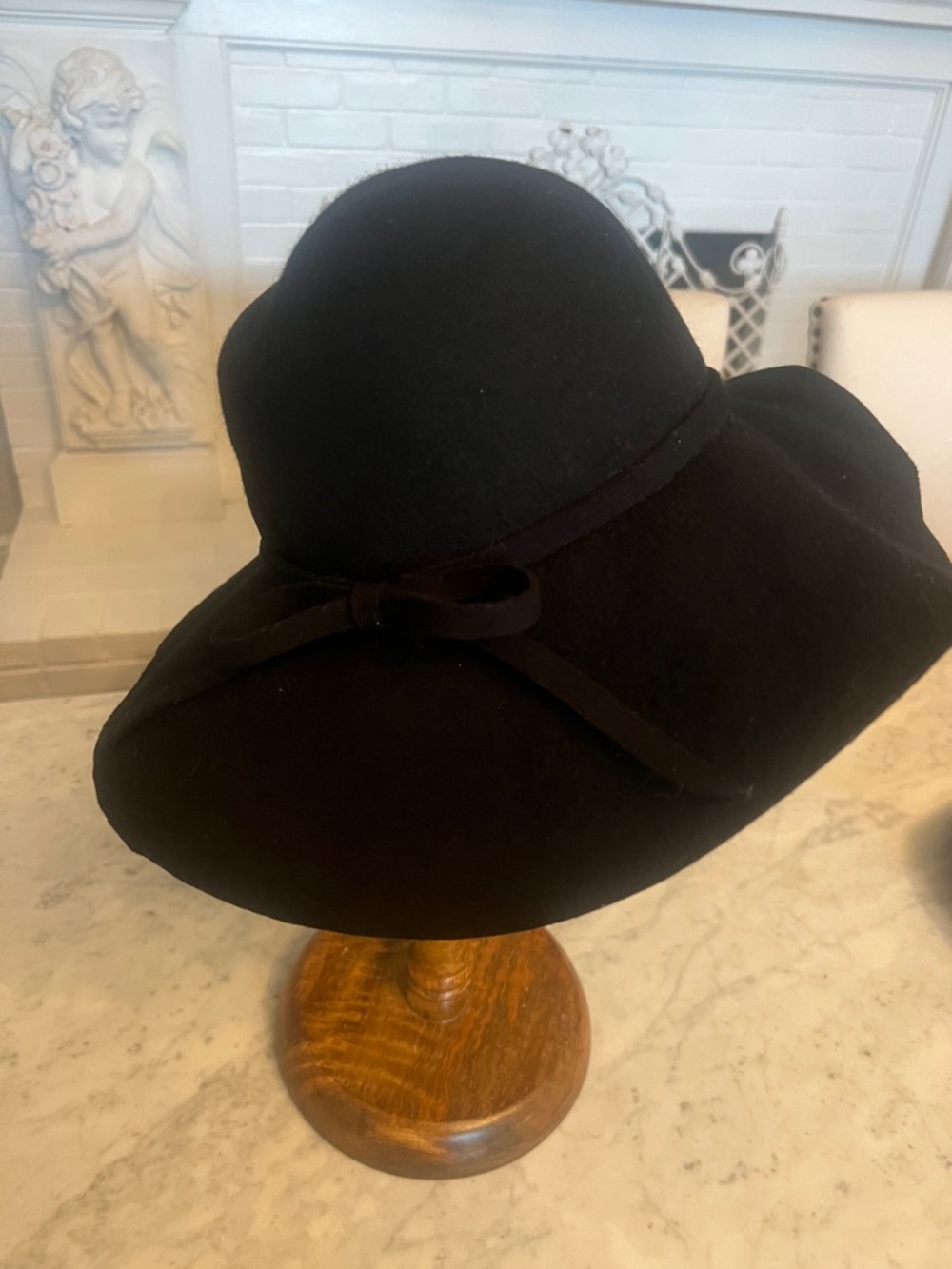 Classic Black Wool Floppy Hat with Ribbon Bow